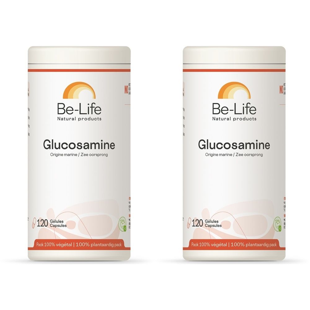 Twee witte potten met "Be-Life Glucosamine". Elke pot bevat 120 capsules. Opschrift: "Origine marine / Zee oorsprong".