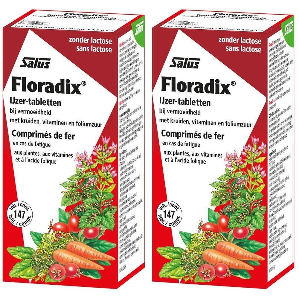 Twee rechthoekige dozen met "Salus Floradix". Meertalige opschriften, waaronder "Comprimés de fer". Illustratie van groenten.