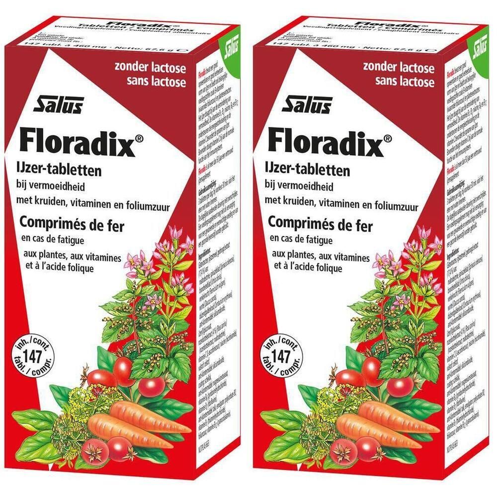 Twee dozen Floradix® Eisentabletten. Rode en witte verpakking met productnaam en illustraties van groenten en kruiden.
