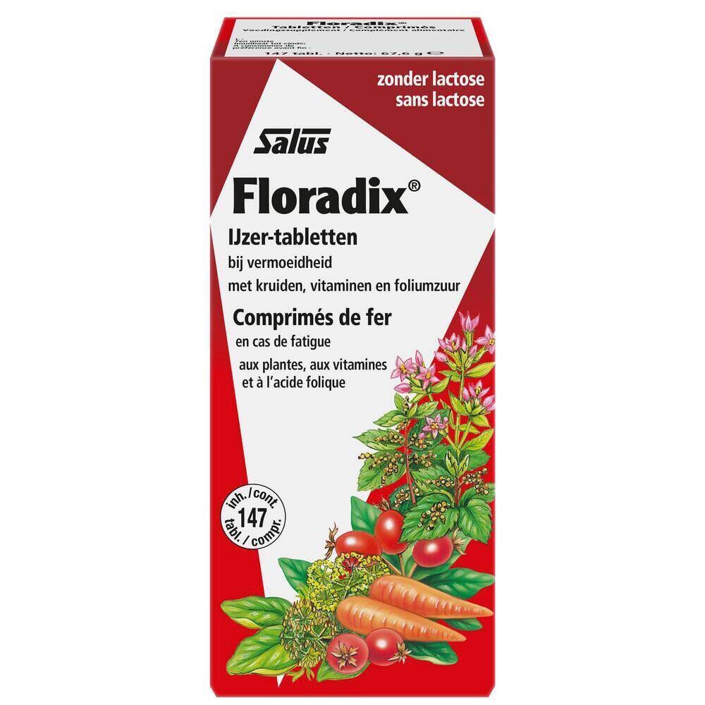 Een enkele verpakking Floradix® Eisentabletten. Rode en witte verpakking met productnaam en illustraties van groenten en kruiden.