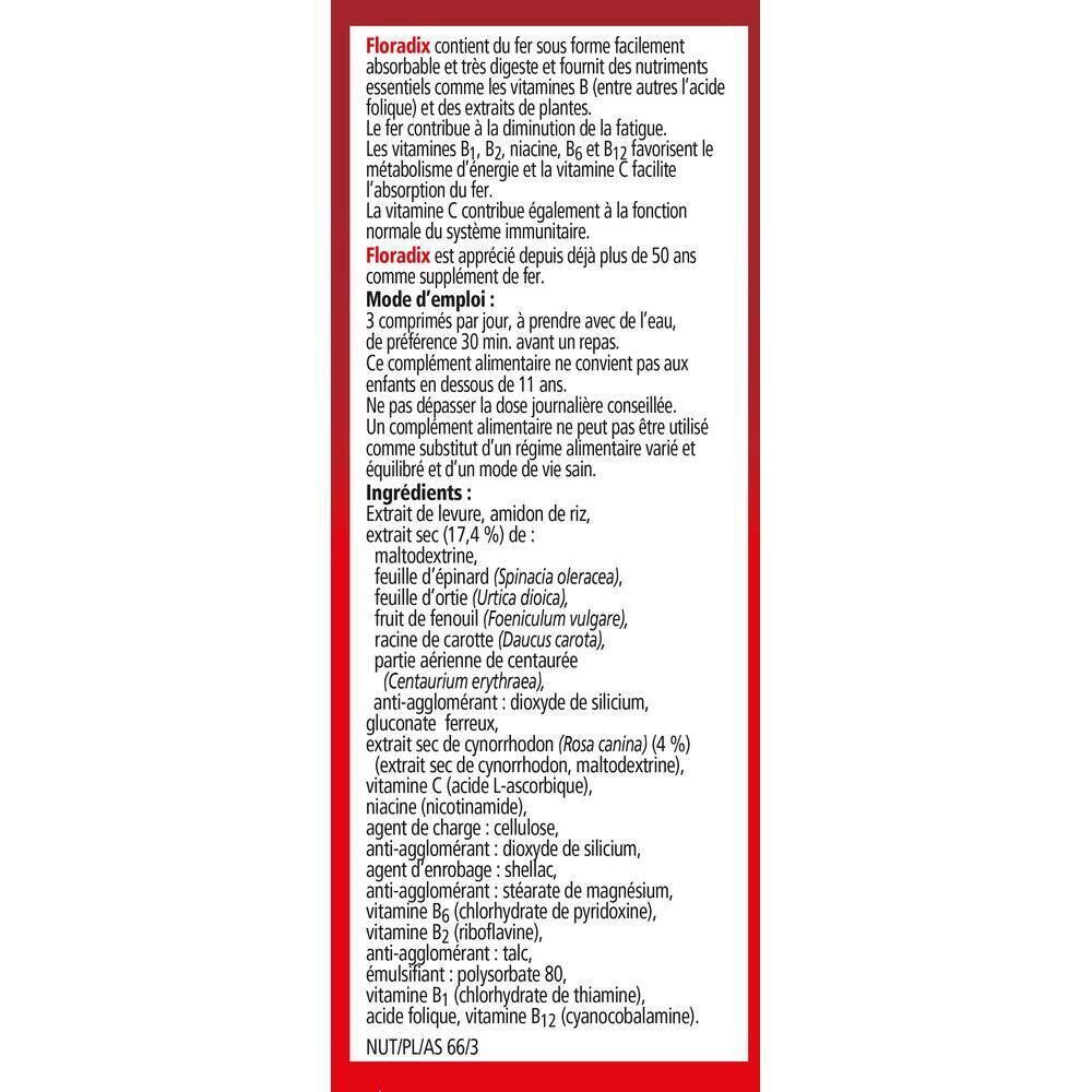 Achterkant van de verpakking Floradix® Eisentabletten. Franse tekst over ingrediënten en gebruik.
