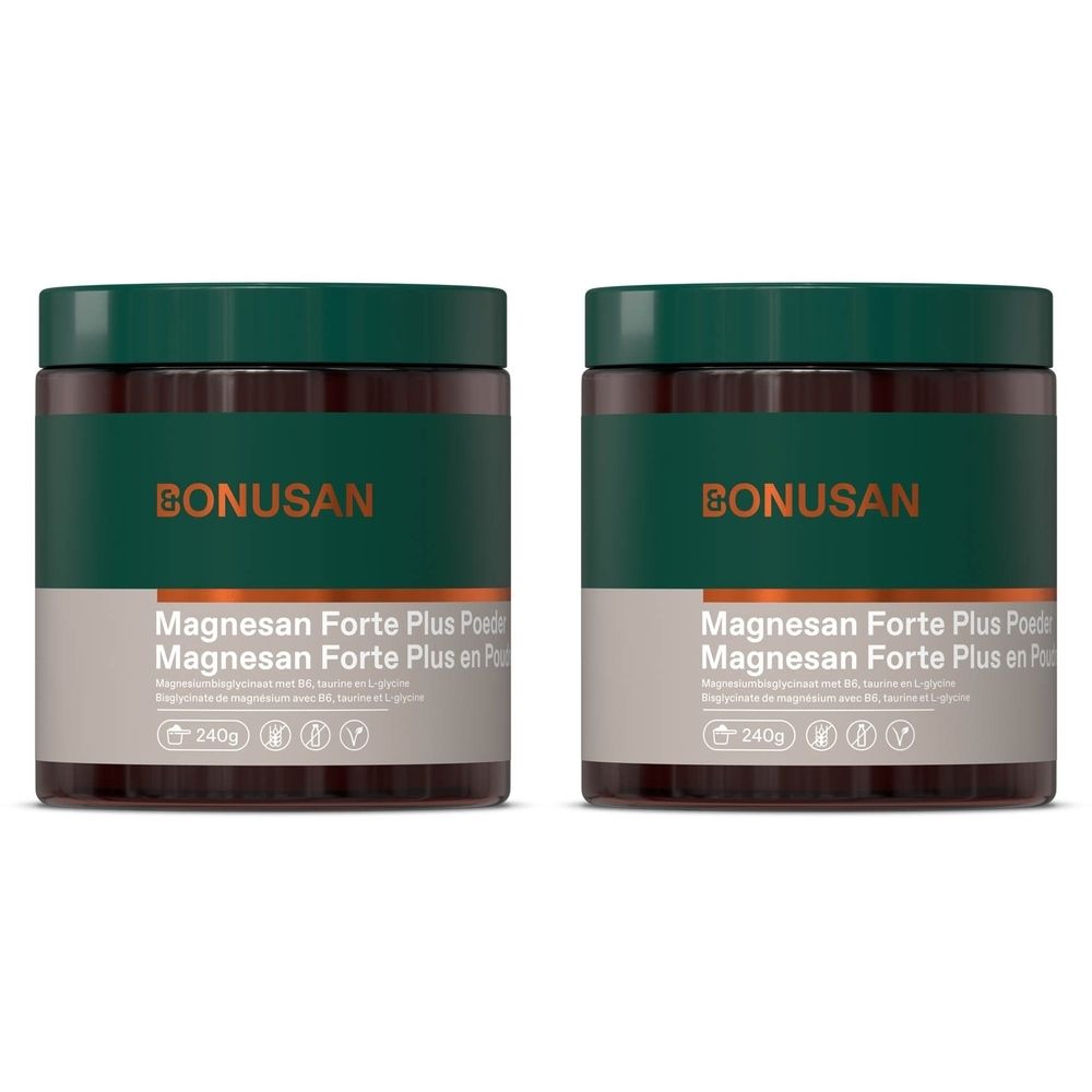Deux boîtes de Bonusan Magnesan Forte Plus en Poudre. Couvercles et étiquettes verts avec nom et logo. 240g.