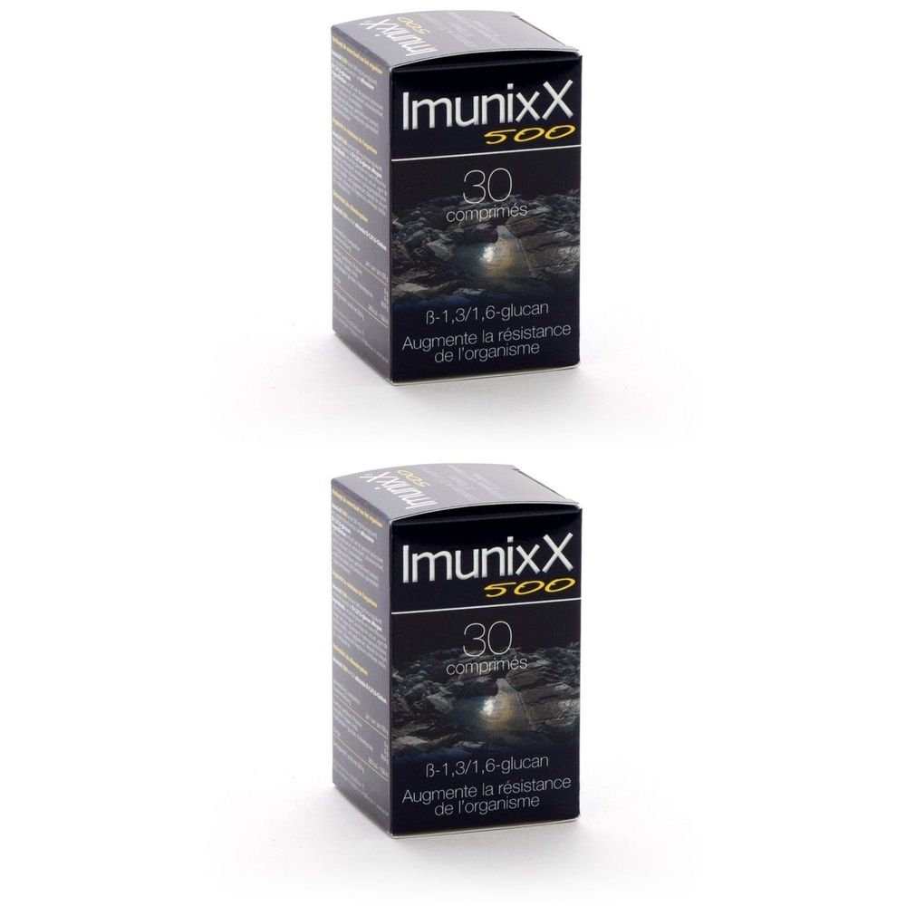 Doos ImunixX 500, 30 tabletten. Bevat 8-1,3/1,6-glucan. Zwarte verpakking met witte tekst.