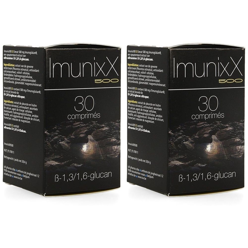 Doos ImunixX 500, 30 tabletten. Bevat 8-1,3/1,6-glucan. Zwarte verpakking met witte tekst.