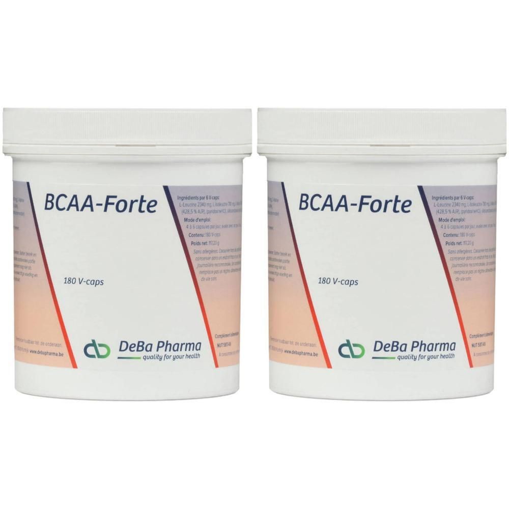 Deux pots blancs avec l'inscription BCAA-Forte, 180 V-caps et le logo DeBa Pharma. Bandes diagonales rouges et grises.