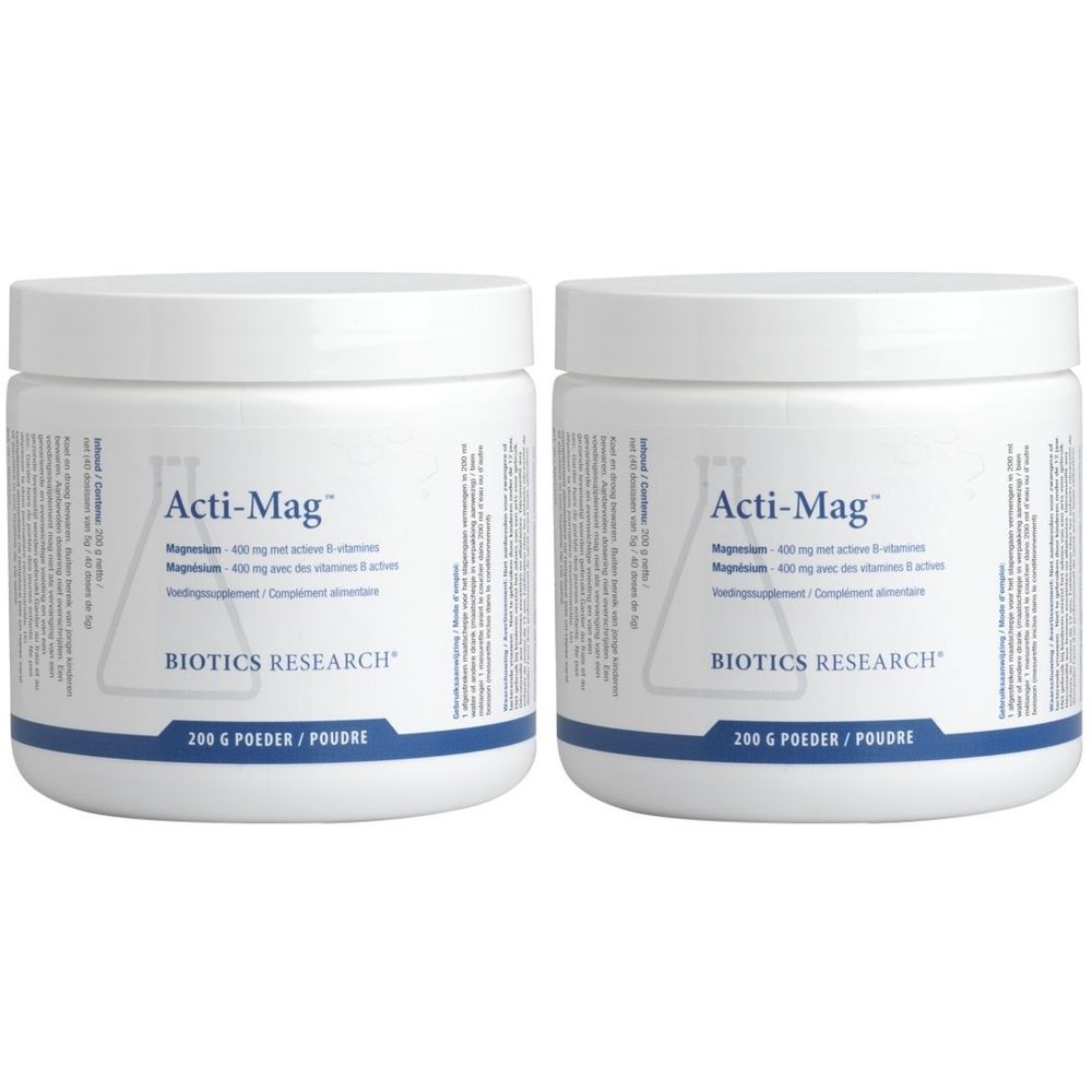 Deux pots blancs Acti-Mag, Biotics Research. Inscription et bande bleues. 200 g de poudre.