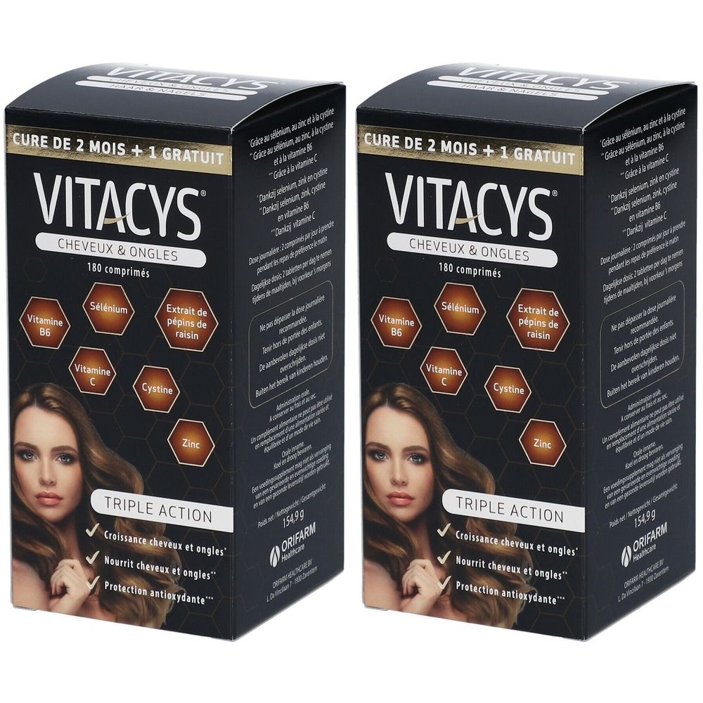 Twee dozen Vitacys voor haar & nagels. Zwarte verpakking met productnaam, ingrediënten en vrouwenafbeelding. 180 tabletten.