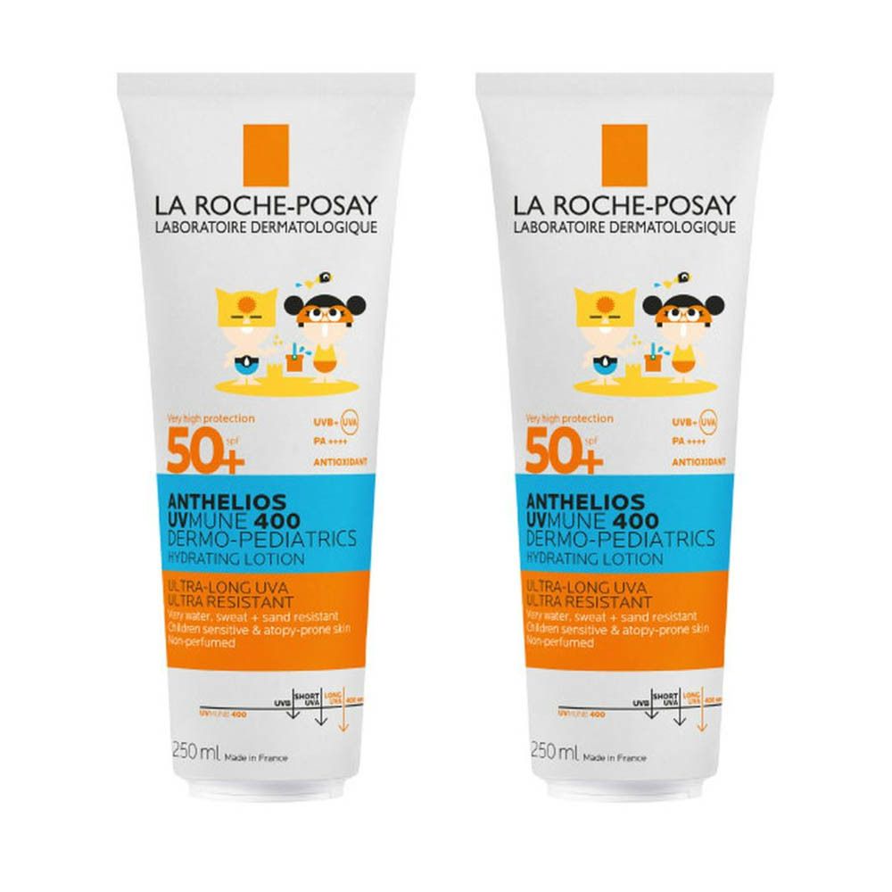 Twee tubes La Roche-Posay Anthelios UVmune 400 Dermo-Pediatrics Lotion. Witte tubes met blauwe en oranje tekst, SPF 50+.