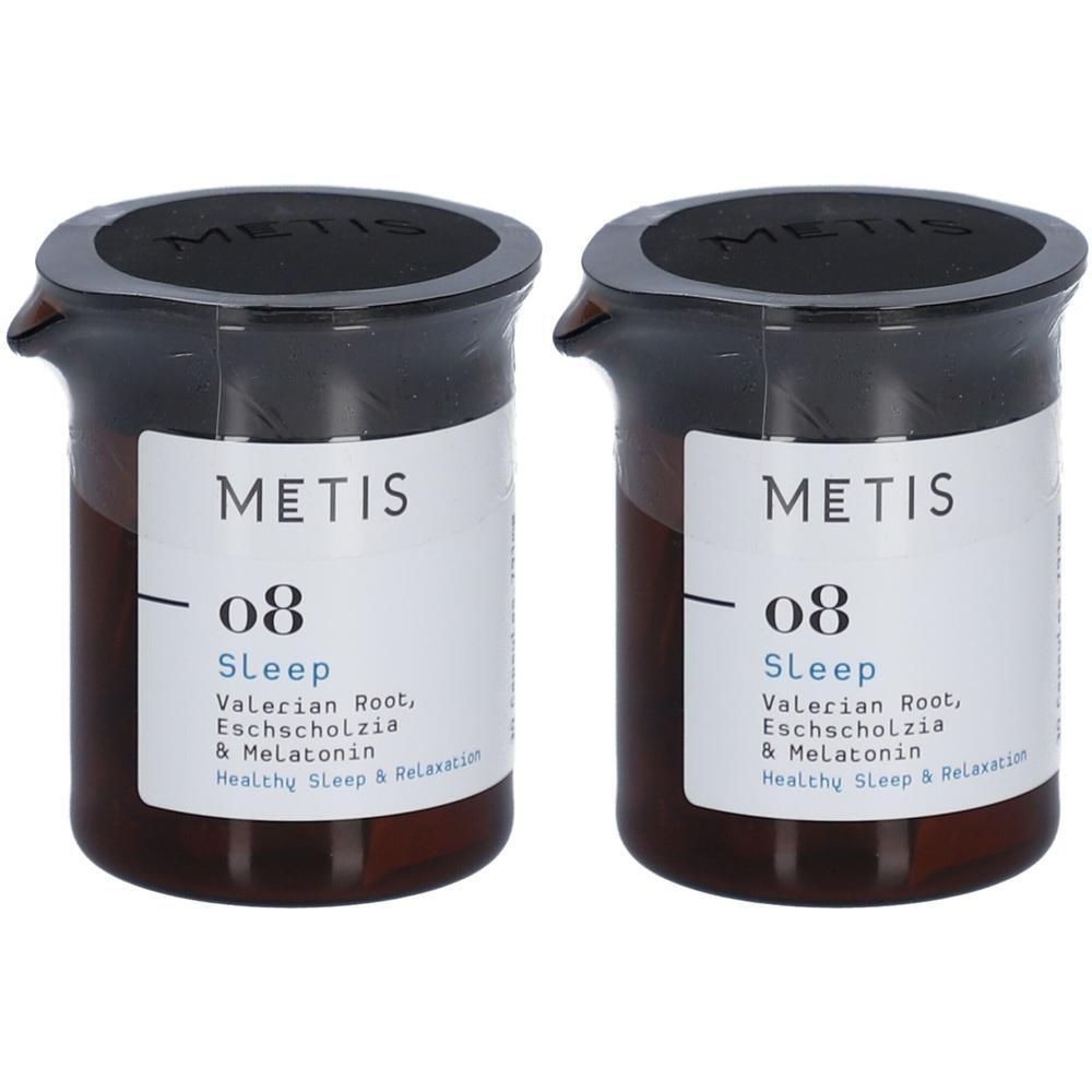 Twee flessen METIS Sleep 08. Bruine glazen potten met zwarte deksel. Wit etiket met productinformatie.