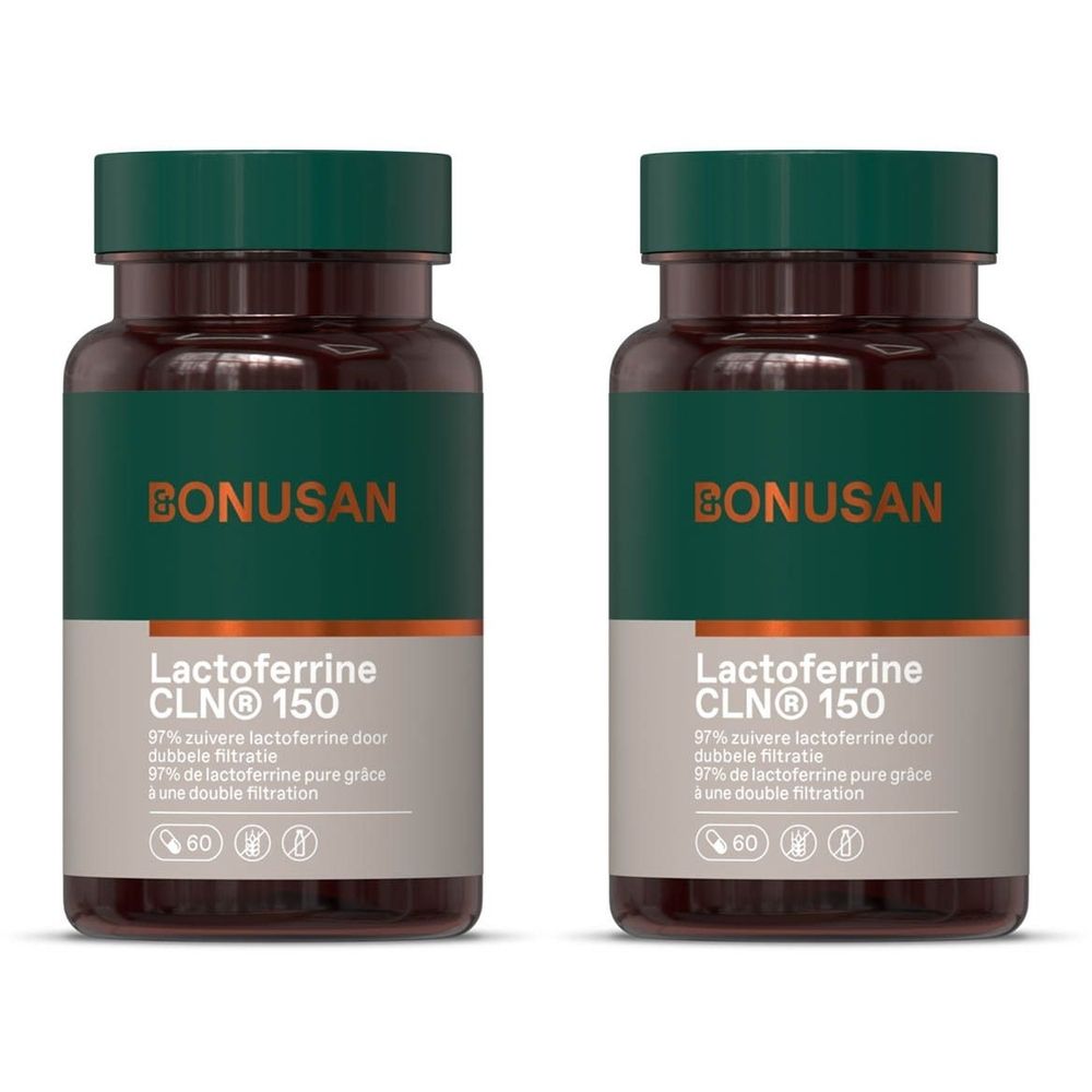 Twee flessen Bonusan Lactoferrine CLN® 150. Bruine glazen flessen met groen etiket en deksel. Opschrift: Lactoferrine CLN® 150.