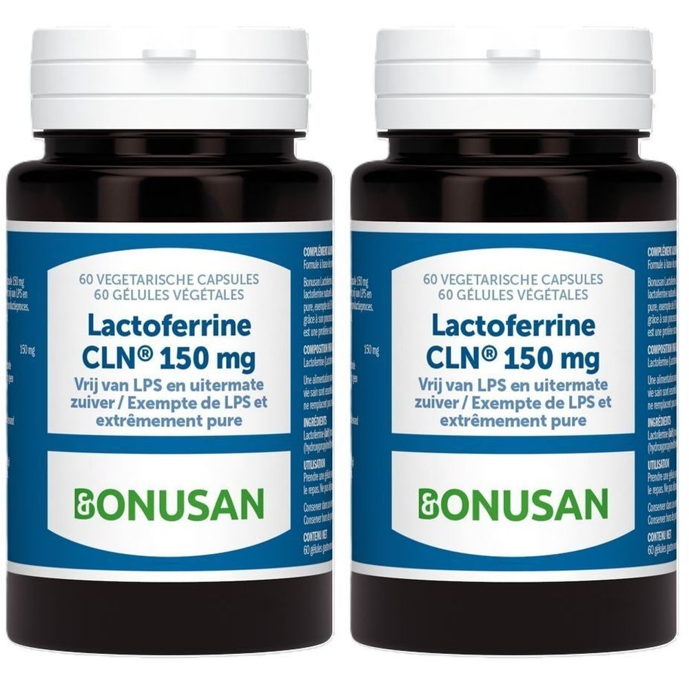 Deux flacons de BONUSAN Lactoferrine CLN® 150 mg. Étiquettes bleues, texte blanc. 60 gélules. Bouchon vert et blanc.