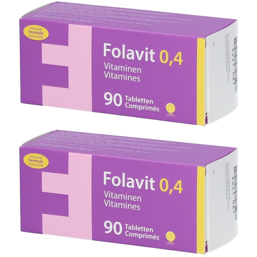 Twee dozen Folavit 0,4 tabletten. Paarse verpakking met witte tekst. Bevat 90 tabletten.