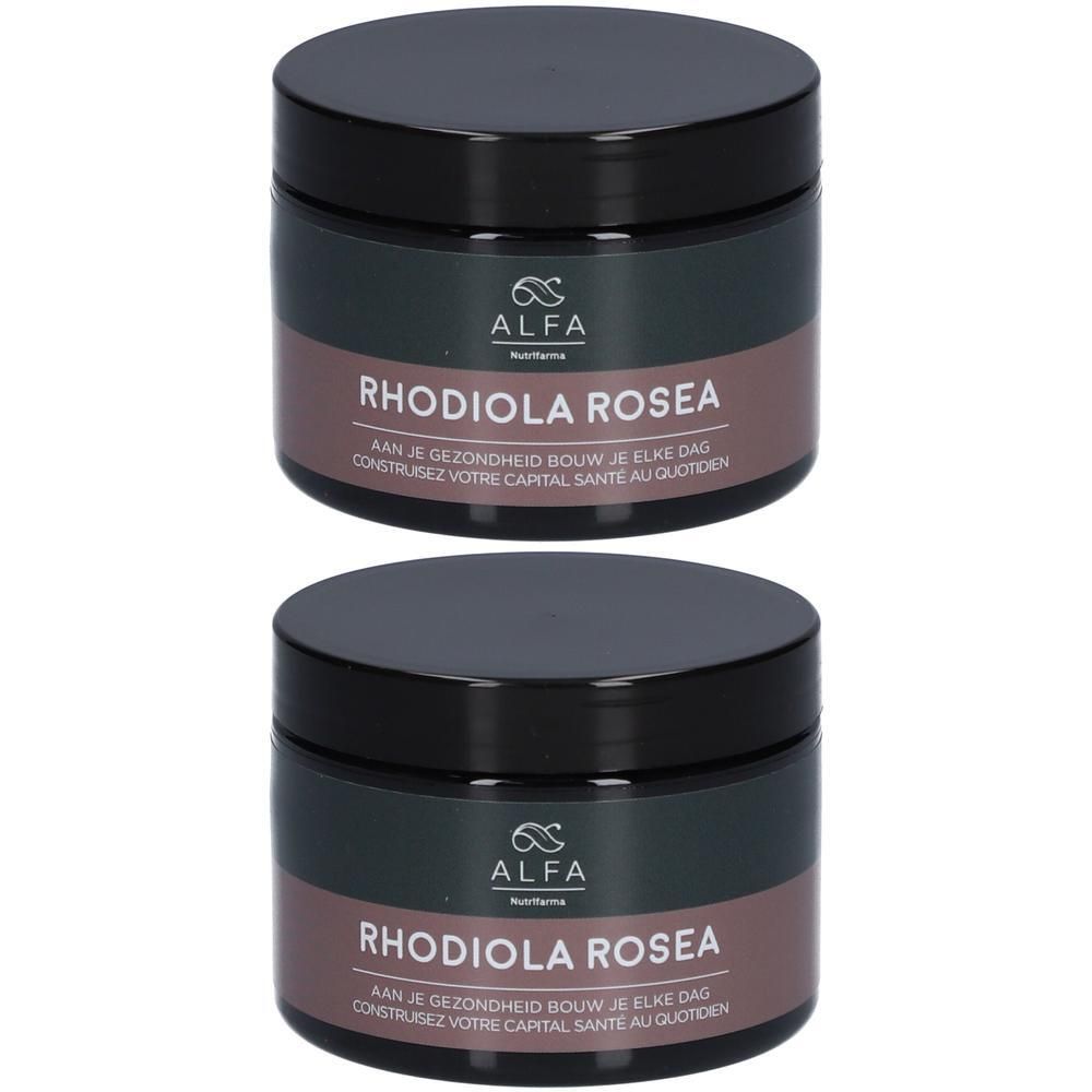 Twee zwarte potten met opschrift Alfa Rhodiola Rosea. Donkerbruine sticker met tekst. Deksel met logo.