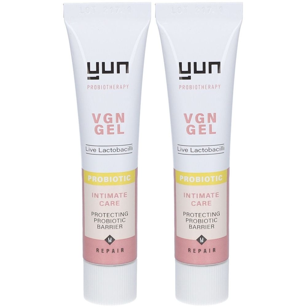 Deux tubes de YUN VGN GEL. Blanc, avec des accents roses et jaunes. Inscription : PROBIOTIC INTIMATE CARE, REPAIR.