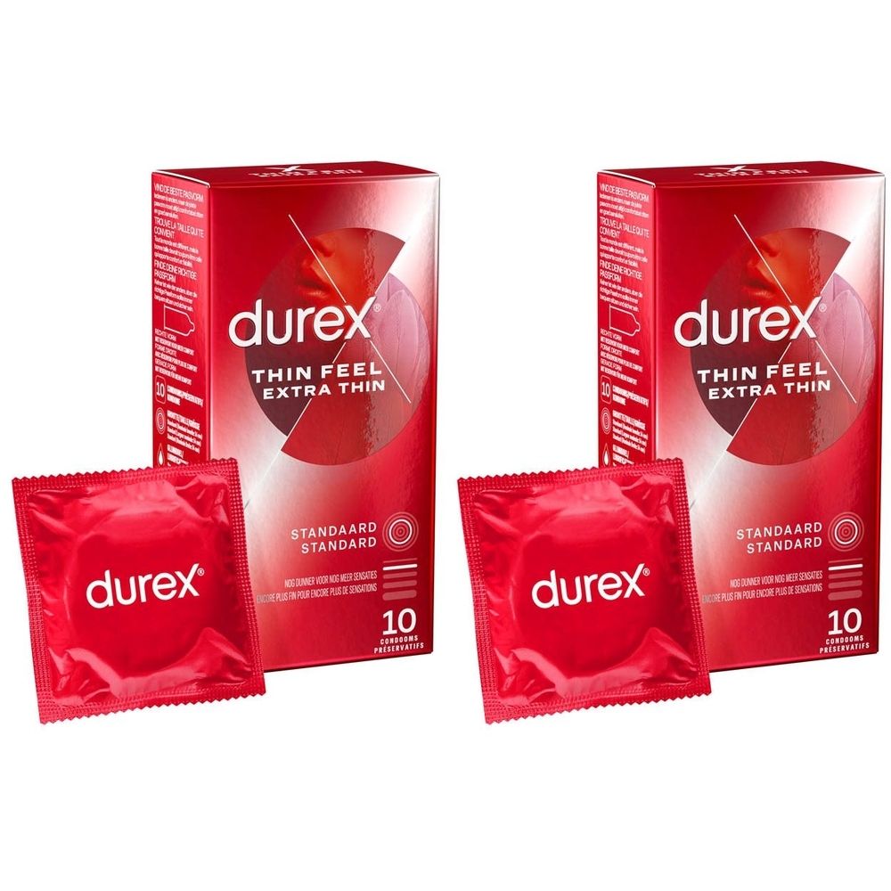Deux boîtes rouges et des préservatifs. Sur les boîtes, "durex Thin Feel Extra Thin". Sur les préservatifs, "durex".
