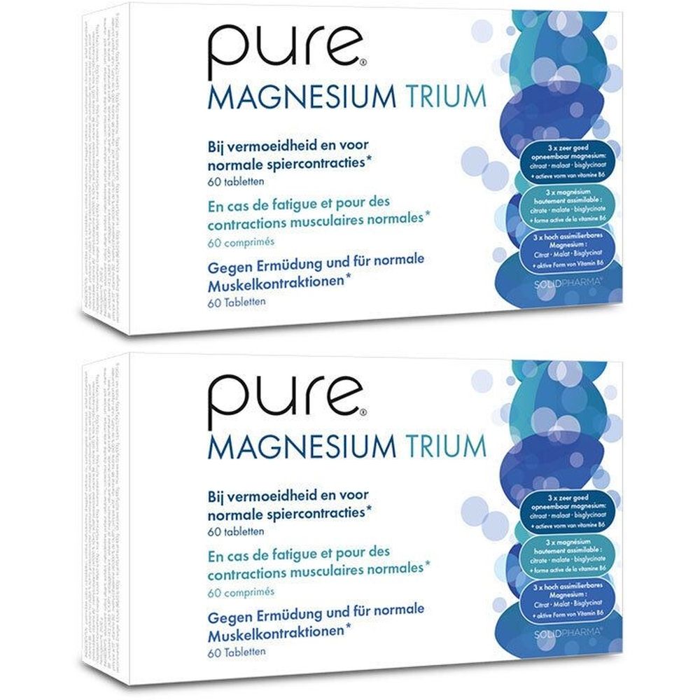 Deux boîtes de "pure. MAGNESIUM TRIUM". Texte en néerlandais, français et allemand. Chaque boîte contient 60 comprimés.