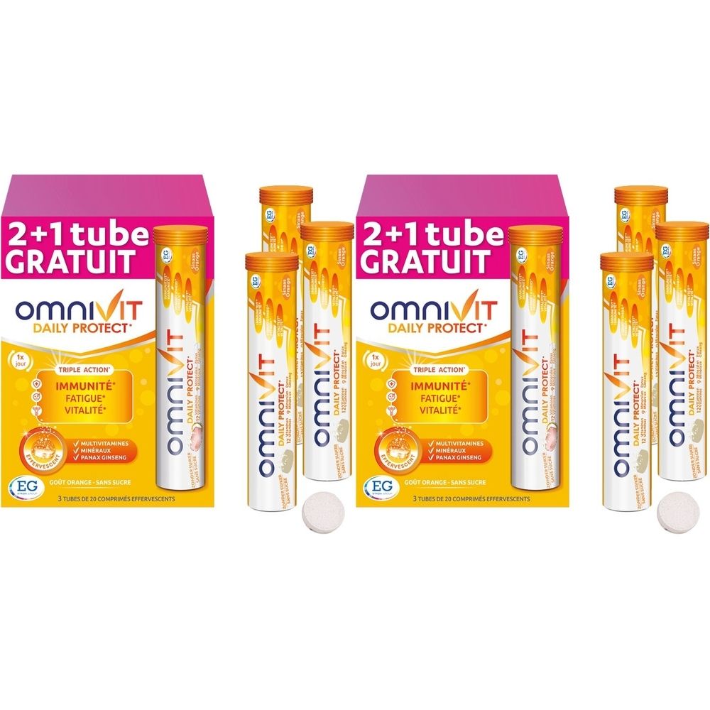 Omnivit Daily Protect. Plusieurs boîtes et tubes de comprimés effervescents. Inscription: Immunité, Énergie, Vitalité.