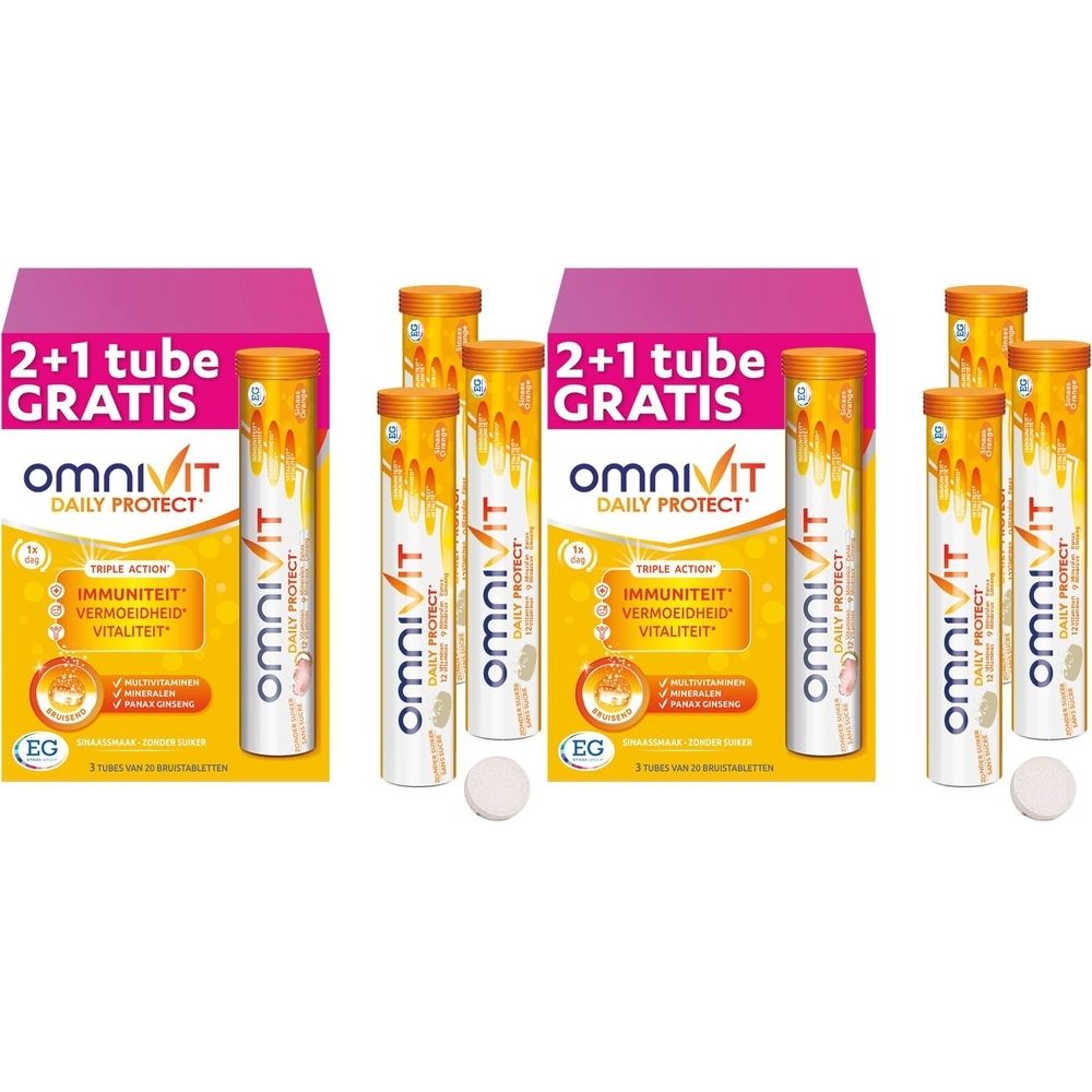 Omnivit Daily Protect. Meerdere verpakkingen met bruistabletten en dozen. Opschrift: Immuniteit, Energie, Vitaliteit.