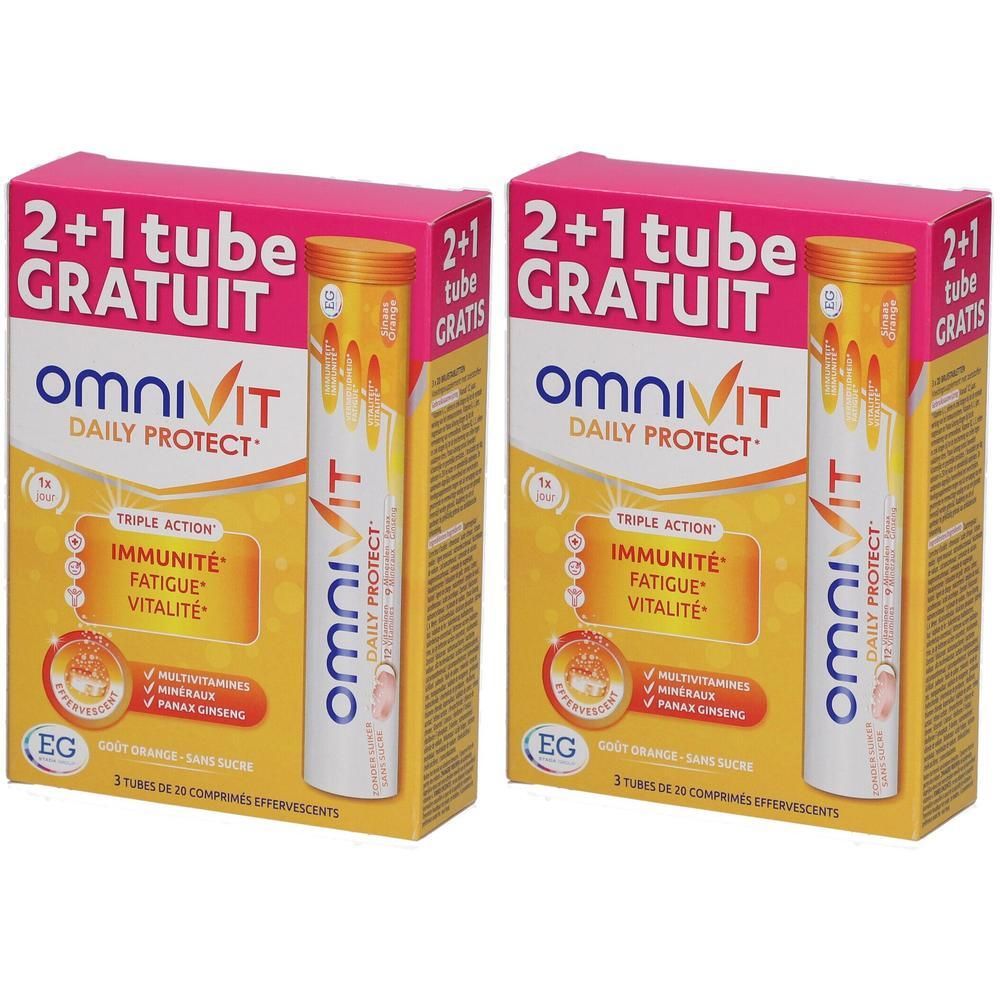 Twee verpakkingen Omnivit Daily Protect. Elke verpakking bevat een buis bruistabletten en een doos met de tekst "2+1 tube GRATUIT".