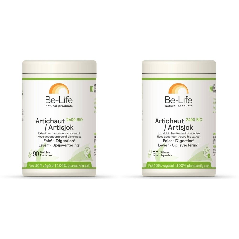 Twee witte potten Be-Life Artichaut 2400 BIO. Opschrift: 90 capsules. Groene en oranje elementen.
