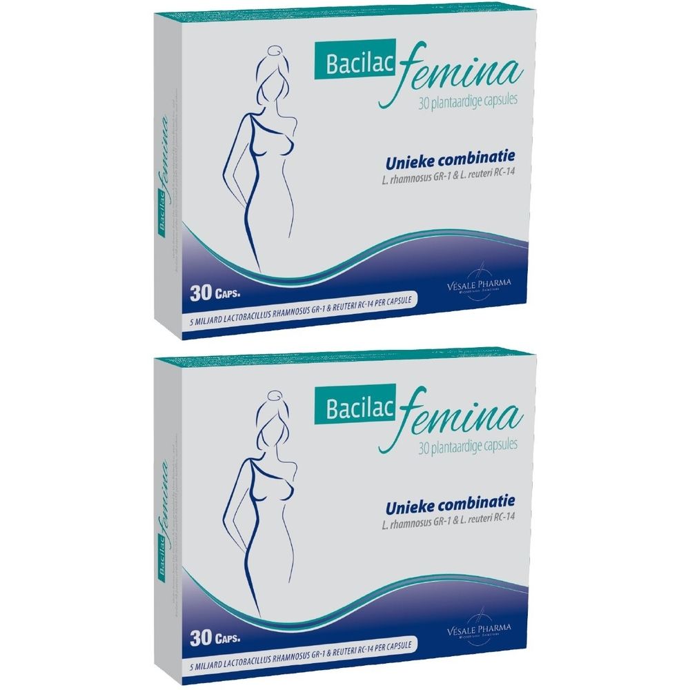 Twee dozen Bacilac femina. Opschrift: 30 plantaardige capsules. Bevat een unieke combinatie.