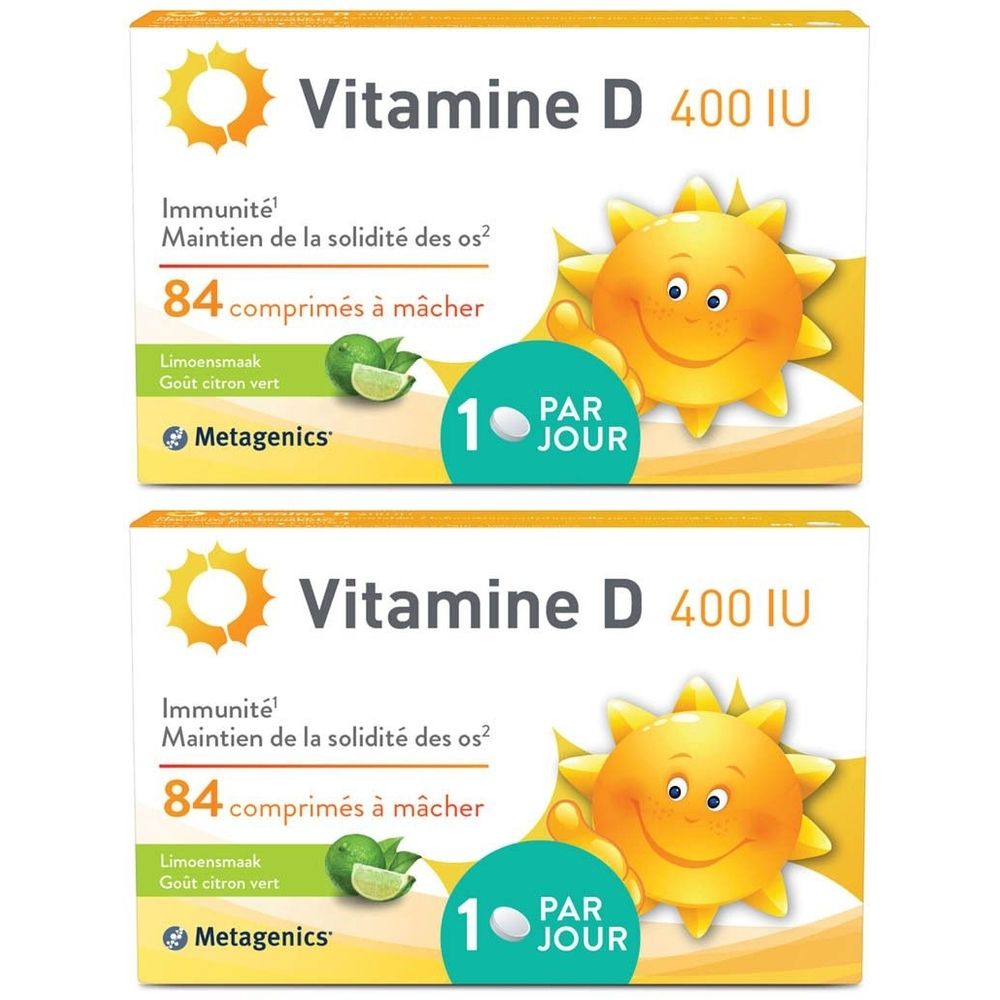 Deux boîtes de Metagenics Vitamine D 400 UI. Inscription: 84 comprimés à mâcher, goût citron vert. Illustration soleil jaune.