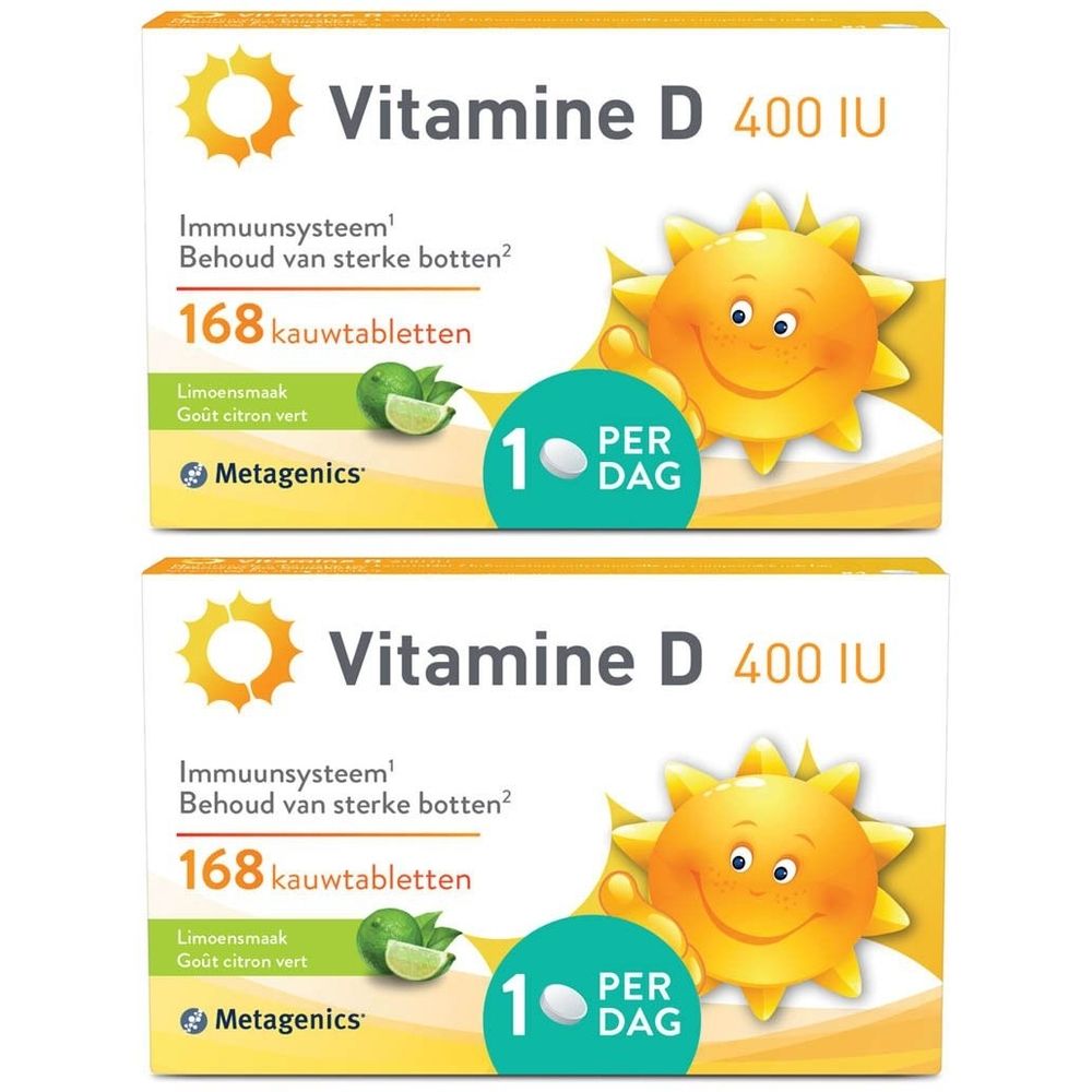 Twee verpakkingen Metagenics Vitamine D 400 UI. Opschrift: 168 kauwtabletten, citroensmaak. Gele zon-illustratie.