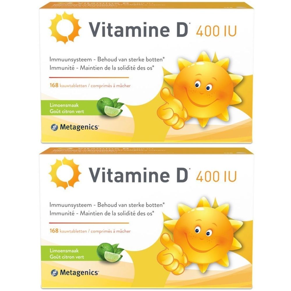 Deux boîtes de Vitamine D 400 UI. Inscription : système immunitaire, os solides, 168 comprimés à mâcher, goût citron vert. Marque : Metagenics.