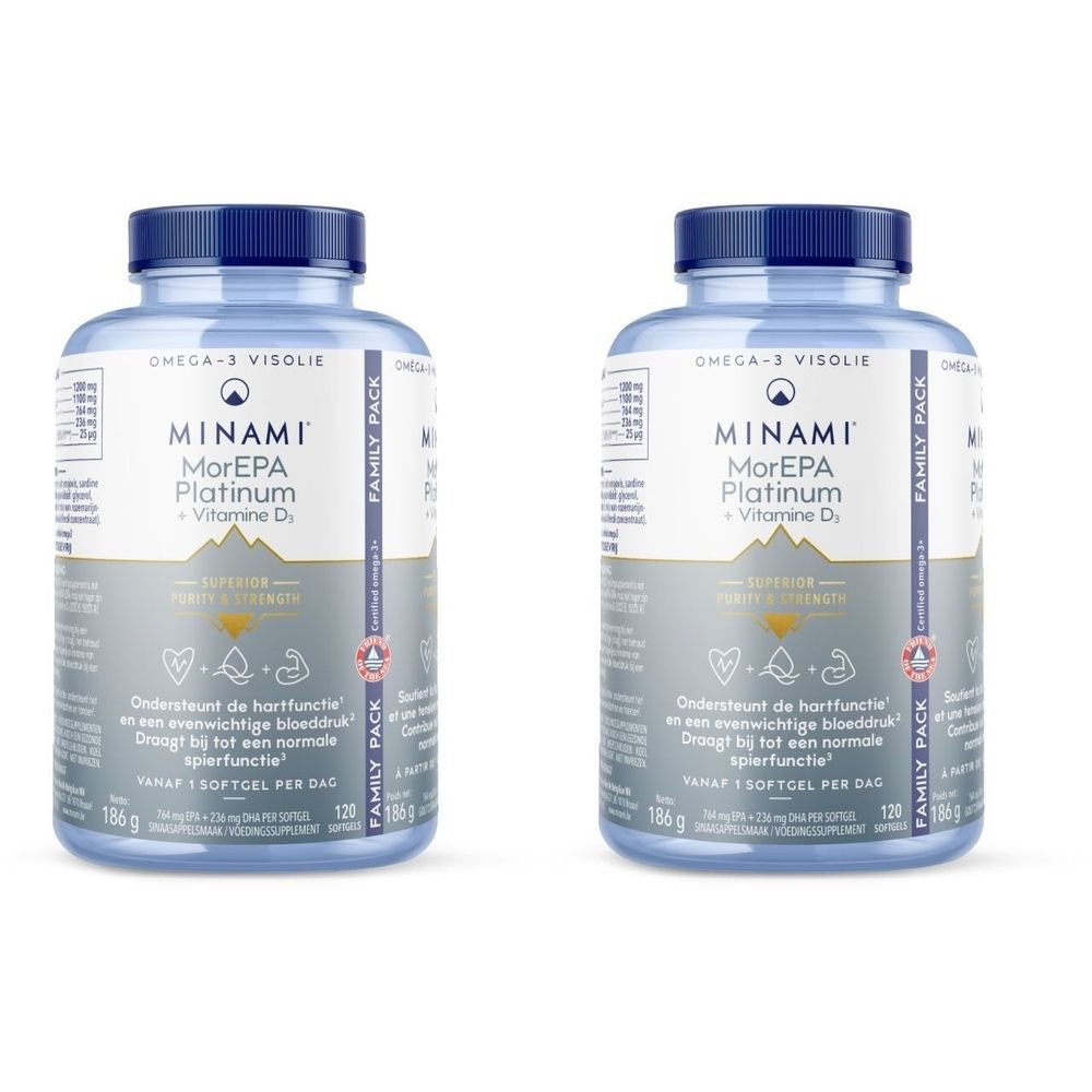 Twee flessen MINAMI® MorEpa Platinum + Vitamine D3. Blauwe doppen, witte etiketten met tekst en logo's.