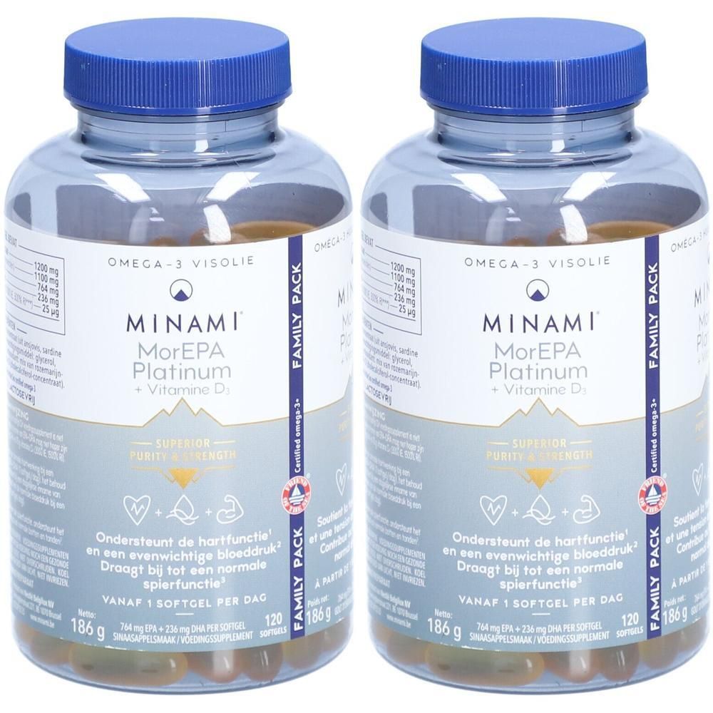 Twee flessen MINAMI® MorEPA Platinum + Vitamine D3. Transparante plastic flessen met blauwe dop en etiket. Bevat 120 softgels.