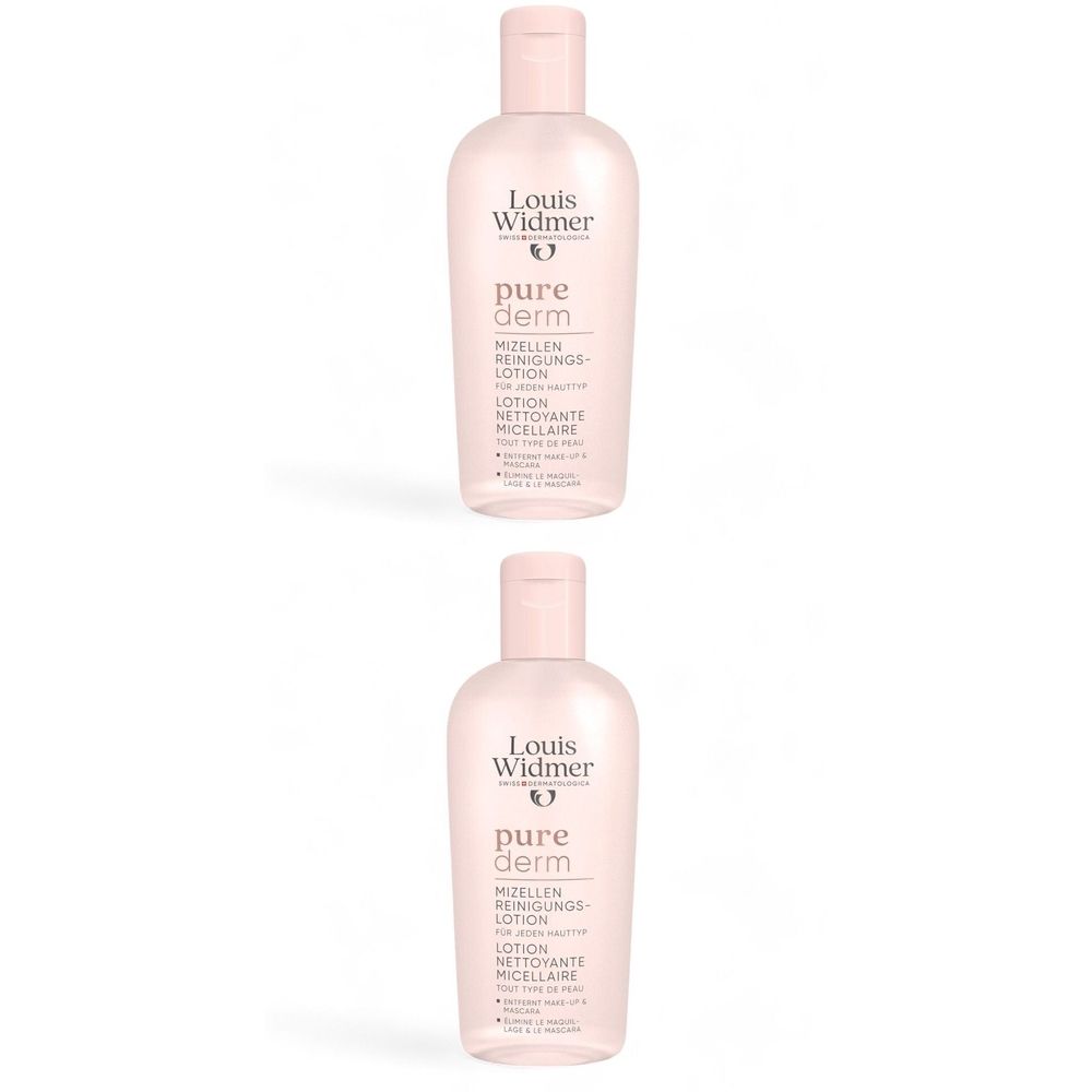 Deux flacons roses avec texte blanc. Inscription: Louis Widmer, pure derm, Lotion nettoyante micellaire.