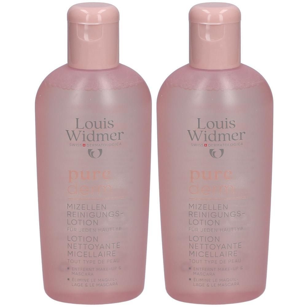 Twee flessen Louis Widmer Purederm micellaire reinigingslotion. Roze flessen met witte tekst. Roze doppen.