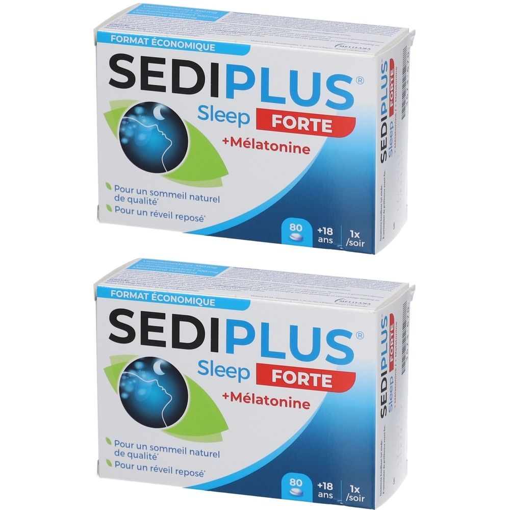 Deux boîtes de Sediplus Sleep Forte. Inscription : Sediplus Sleep Forte + Mélatonine. Contient 80 comprimés. Pour un sommeil naturel et un réveil reposé.