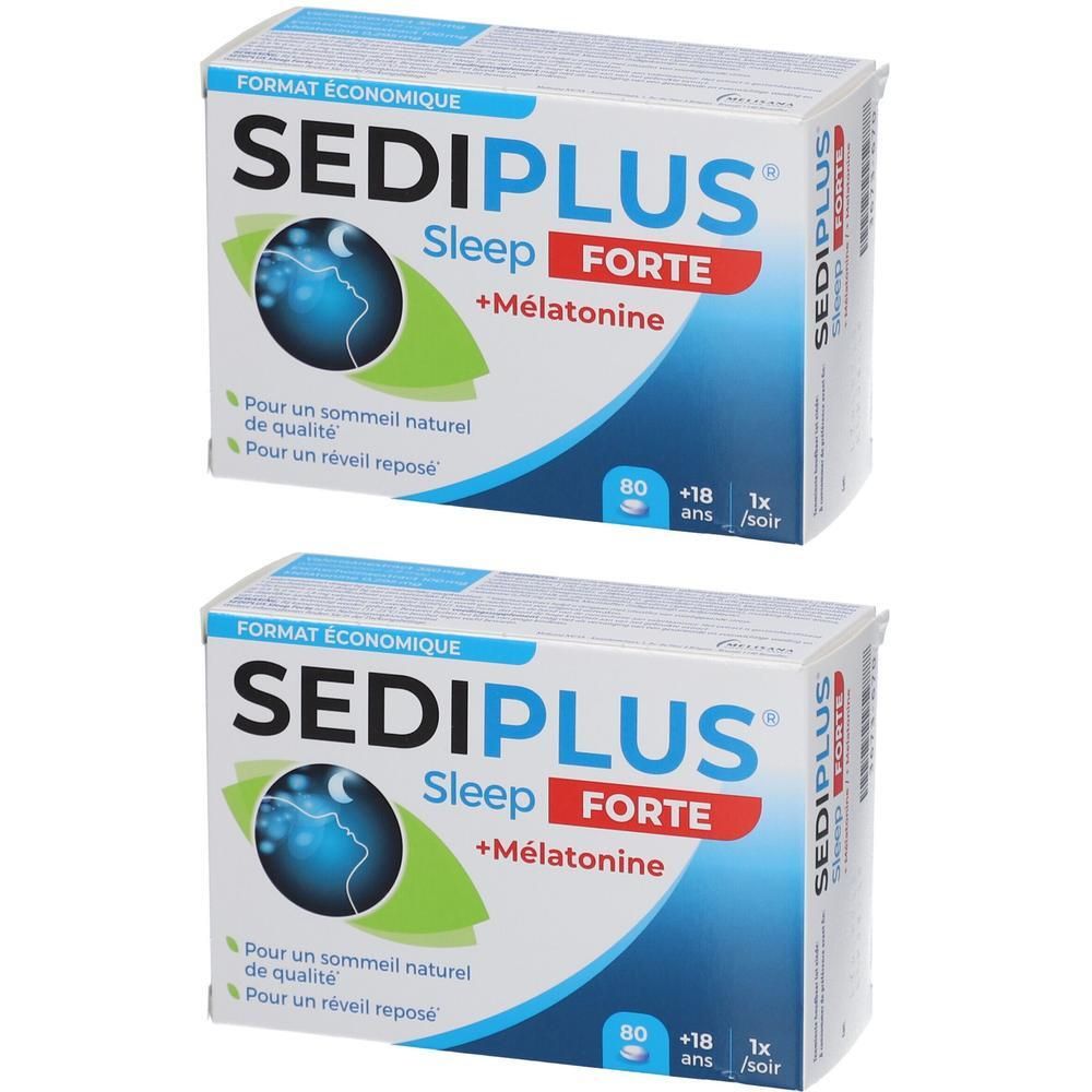 Twee dozen Sediplus Sleep Forte. Witte verpakking met blauwe tekst en logo. Bevat melatonine. 80 tabletten.