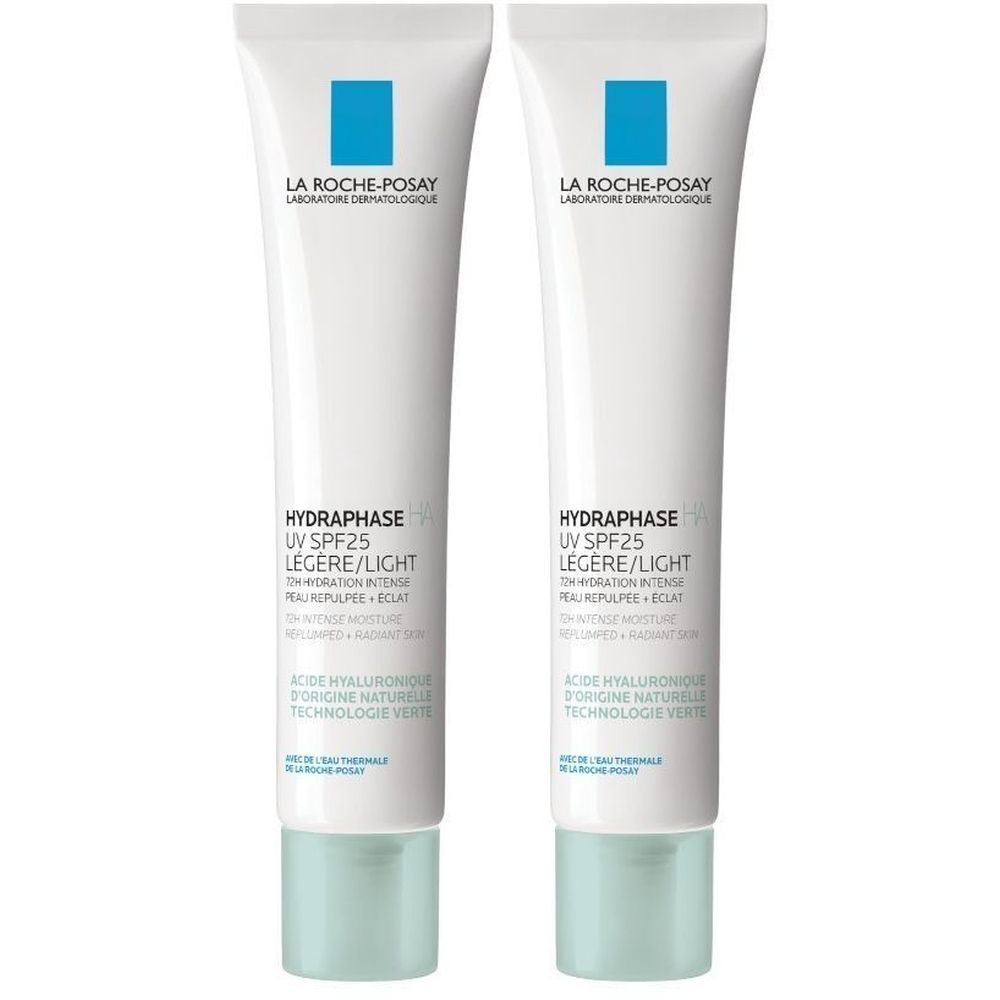 Deux tubes de La Roche-Posay Hydraphase HA Légère SPF25. Blanc, carré bleu et texte. Bouchon bleu clair.