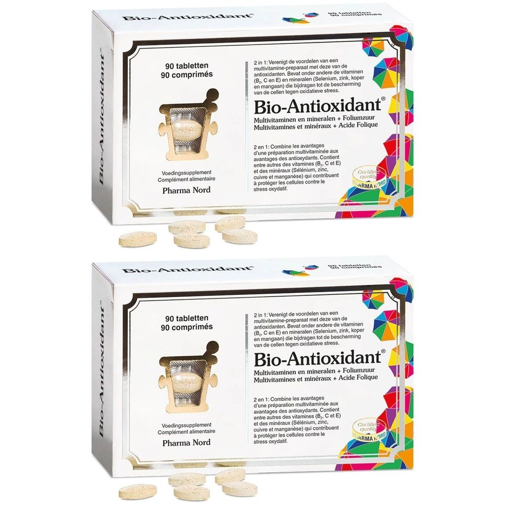 Deux boîtes de comprimés Bio-Antioxidant. Emballage blanc avec nom du produit et informations. Comprimés devant.