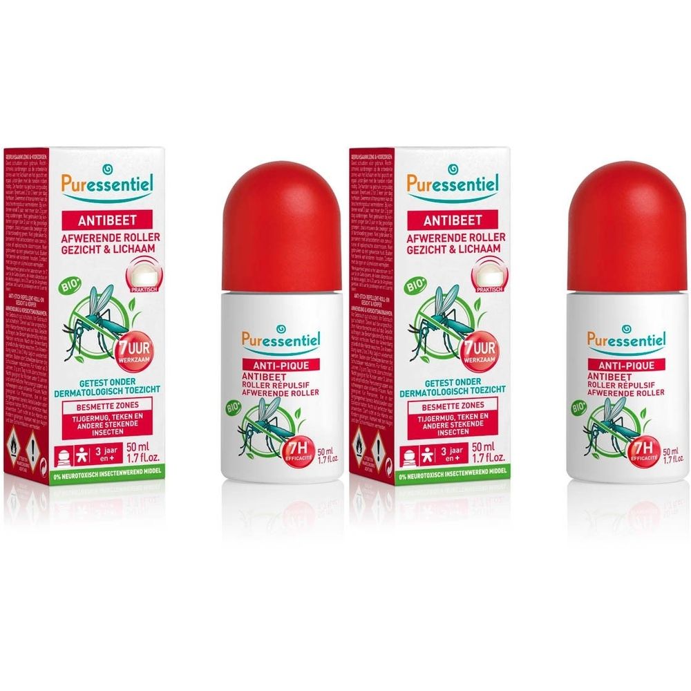 Trois flacons roll-on avec bouchon rouge et emballage. Inscription : Puressentiel Anti-Pique. Contre les piqûres.