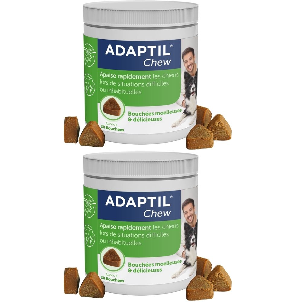 Deux boîtes Adaptil Chew, pot blanc avec texte bleu. Bouchées à mâcher marron à côté.