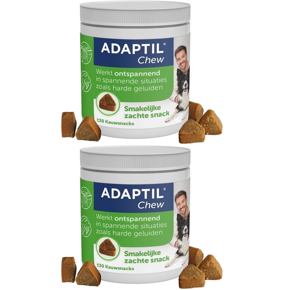 Twee potten Adaptil Chew, witte pot met blauwe tekst. Bruine kauwsnacks ernaast.