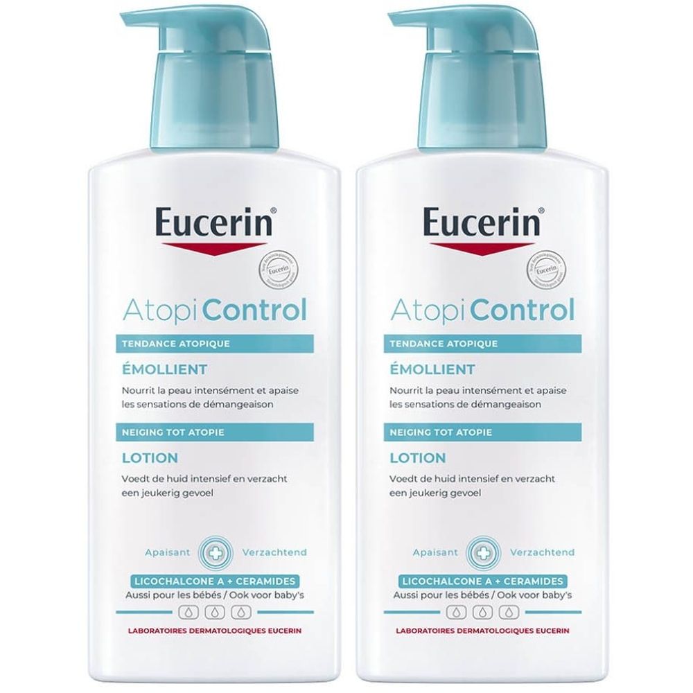 Twee witte flessen met blauwe pomp. Opschrift: Eucerin AtopiControl Émollient. Voor de droge, atopische huid.