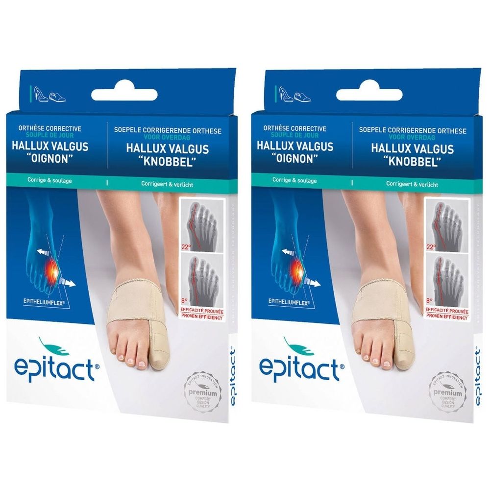 Twee verpakkingen Epitact Hallux Valgus « Oignon » orthese. Beige, met voetillustratie en productnaam. Premium kwaliteit.