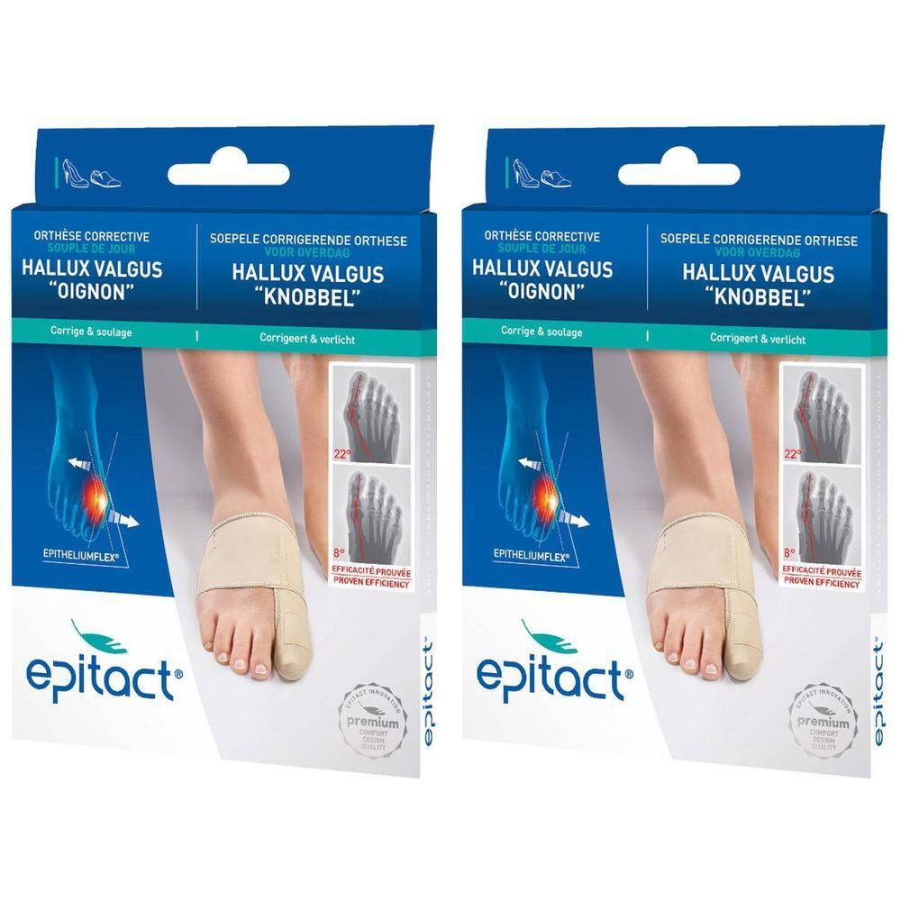 Twee verpakkingen Epitact Hallux Valgus orthesen. Beige orthese op voet, illustraties, productnaam en logo.