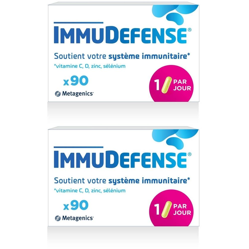 Deux boîtes blanches IMMUDEFENSE. Contient 90 comprimés. Inscription: Soutient votre système immunitaire.