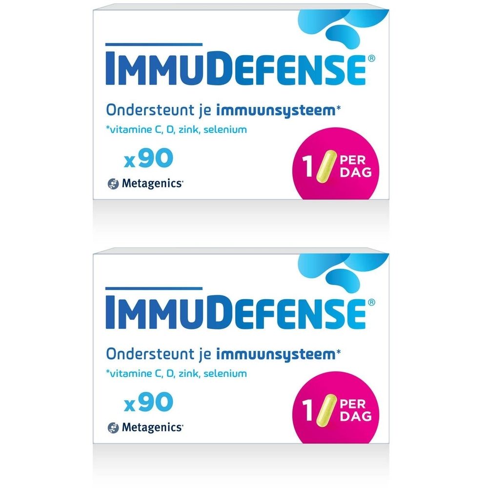 Twee witte dozen met IMMUDEFENSE. Bevat 90 tabletten. Opschrift: Ondersteunt je immuunsysteem.