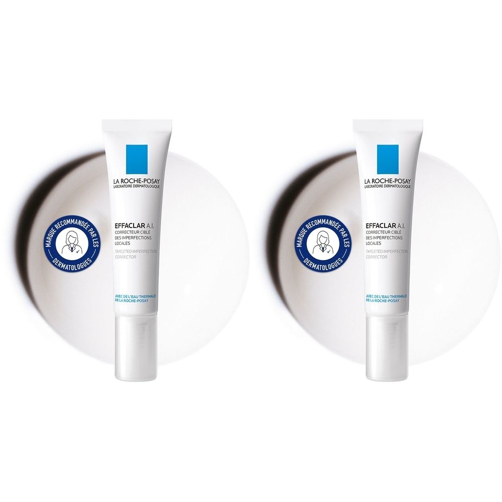 Twee tubes La Roche-Posay Effaclar A.I. op witte achtergrond. Blauw-witte verpakking met logo en tekst.