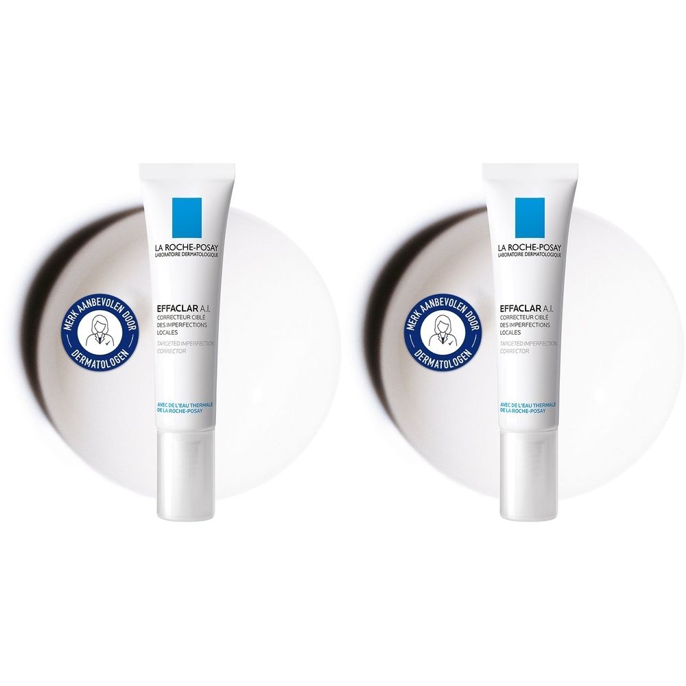 Twee tubes La Roche-Posay Effaclar A.I. op witte achtergrond. Blauw-witte verpakking met logo en tekst.
