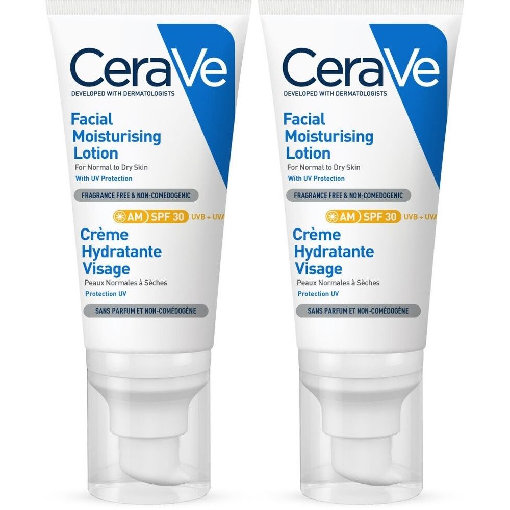 Twee tubes CeraVe gezichtscrème. Wit, met blauwe tekst. Tekst: Facial Moisturising Lotion, Crème Hydratante Visage, SPF 30.