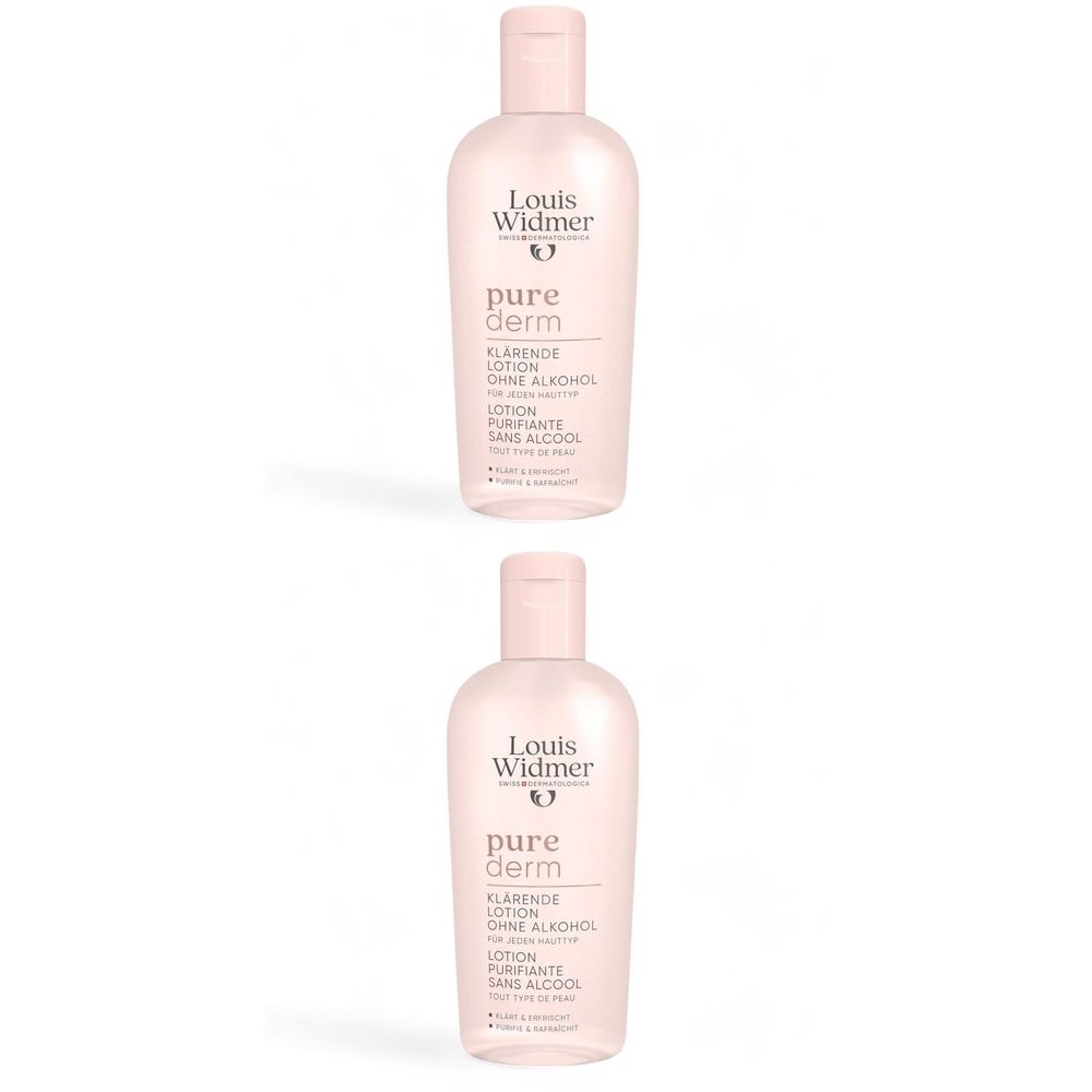 Twee roze flessen. Opschrift: Louis Widmer, pure derm, reinigende lotion zonder alcohol.