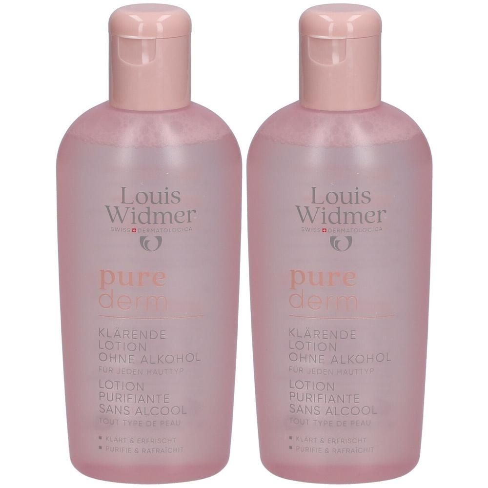Twee flessen Louis Widmer Purederm lotion. Roze flessen met witte tekst. Zonder alcohol.