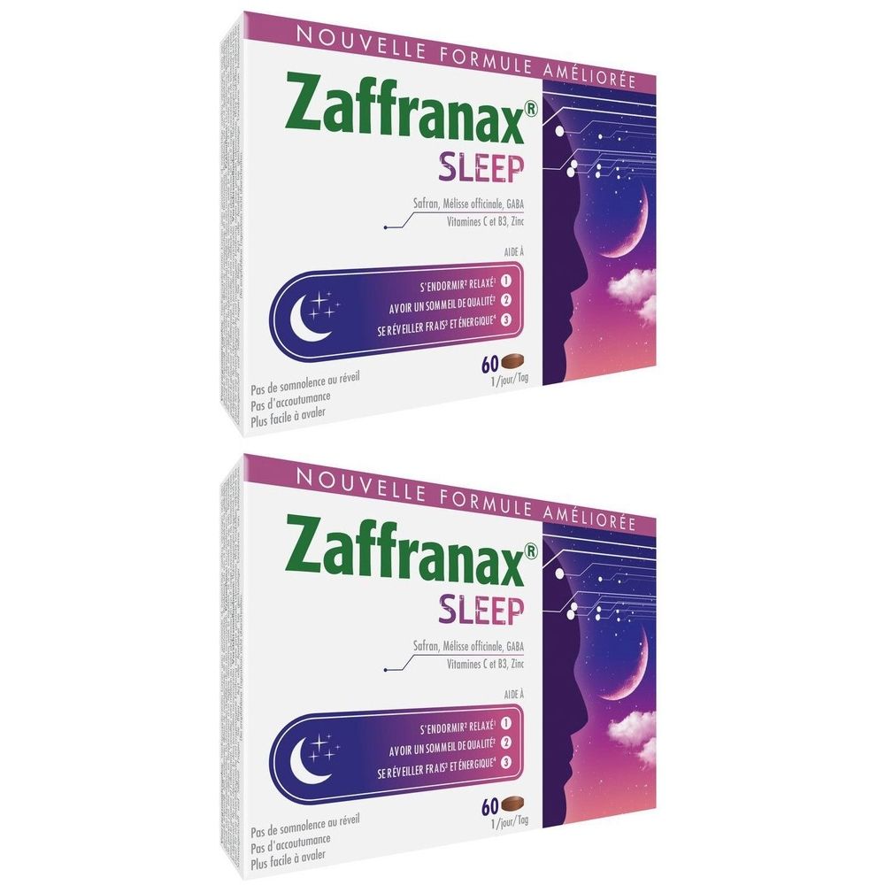 Deux boîtes de Zaffranax Sleep. Emballage blanc avec texte vert et violet. Contient 60 comprimés. Nouvelle formule améliorée.